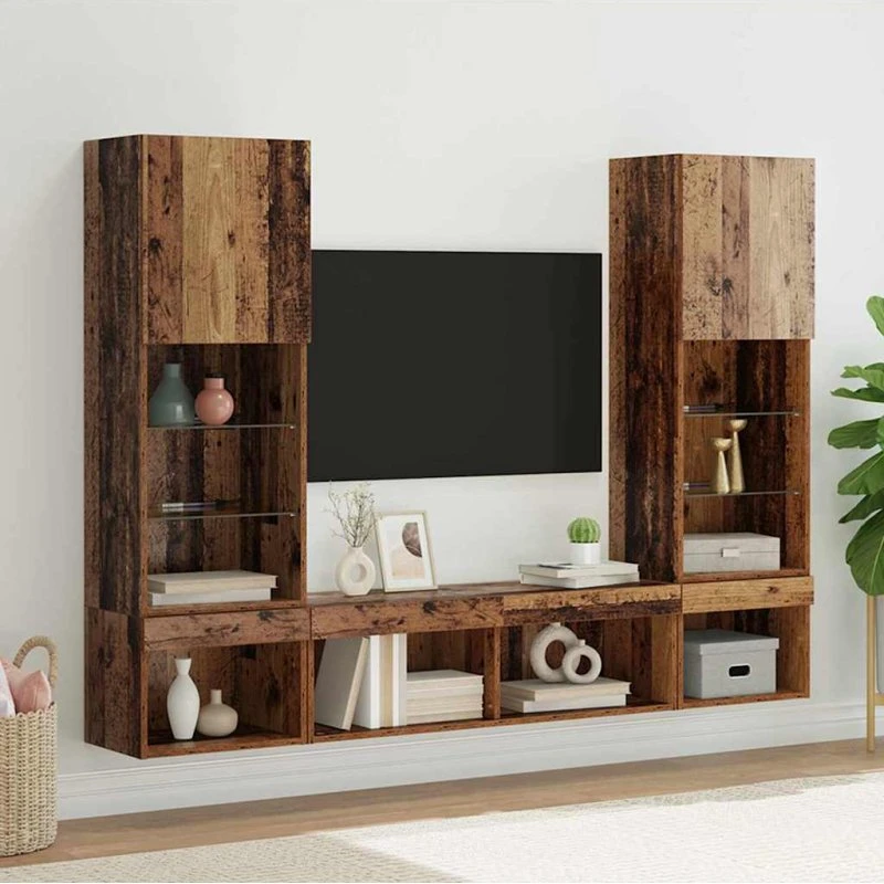 vidaXL TV-vægunit med LED, 5 stk, gammelt træ, 40,5 x 30 x 102 cm