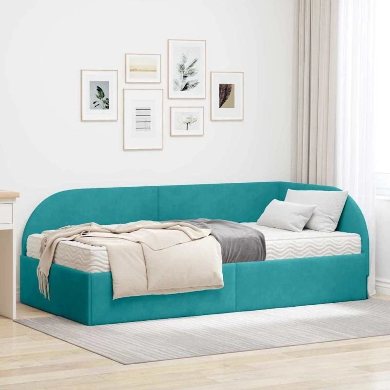 vidaXL Hjørnesengramme med Madras 2 stk Turkis Fløjl
