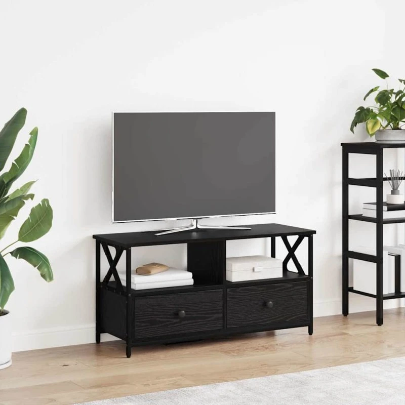 vidaXL TV-skab med skuffe, Sort, 90 x 33 x 45 cm, Ingeniørtræ og stål