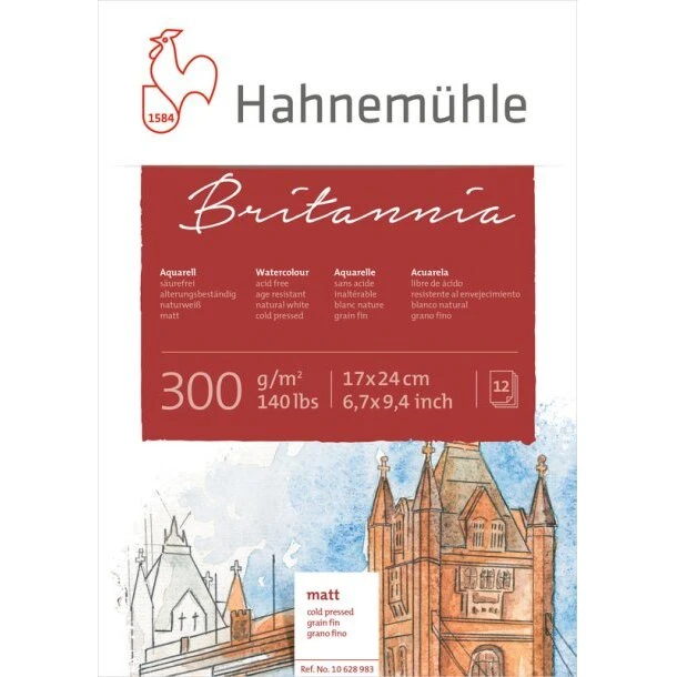 Hahnemühle Britannia akvarelblok 300 g mat 17×24 cm (12 ark)
