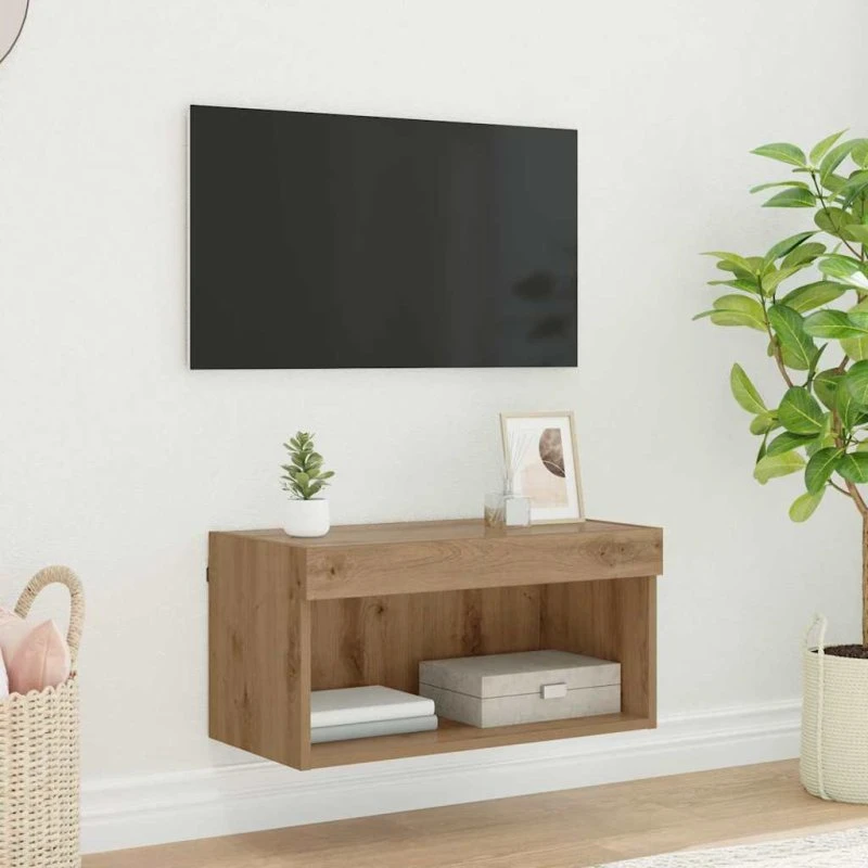 vidaXL Artisan Egetræ TV-skab 60 x 30 x 30 cm, vægmonteret med LED-belysning