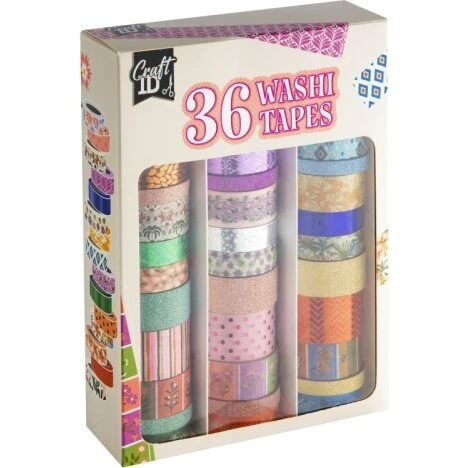 Washi Tape æske 36 ruller med foil - 3 m pr. rulle