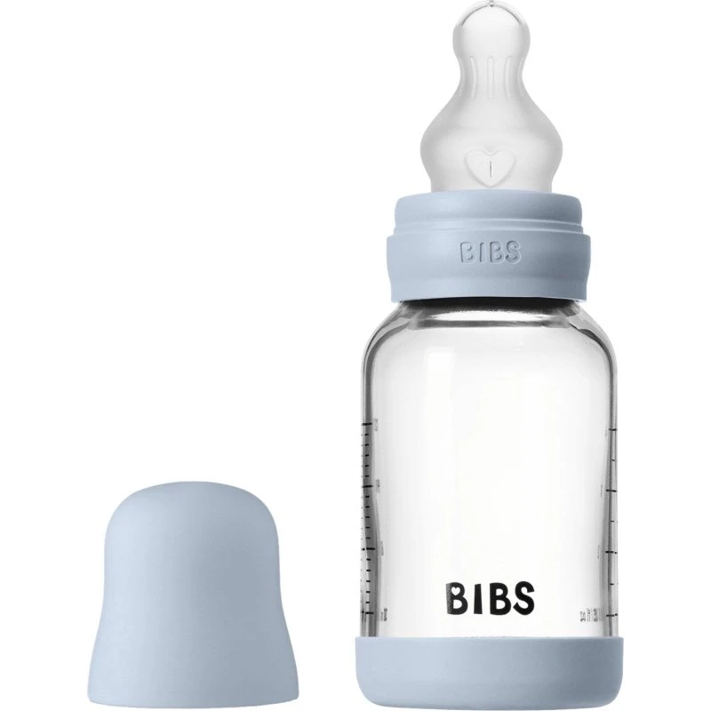 BIBS Glas Sutteflaske 120 ml – Baby Blue (Silikone, Slow Flow)