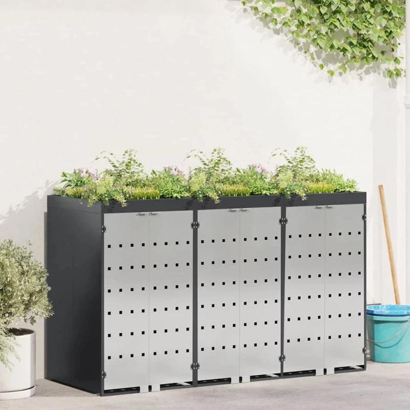 vidaXL 3-Container Wheelie Bin Opbevaring, Antracit, Stål