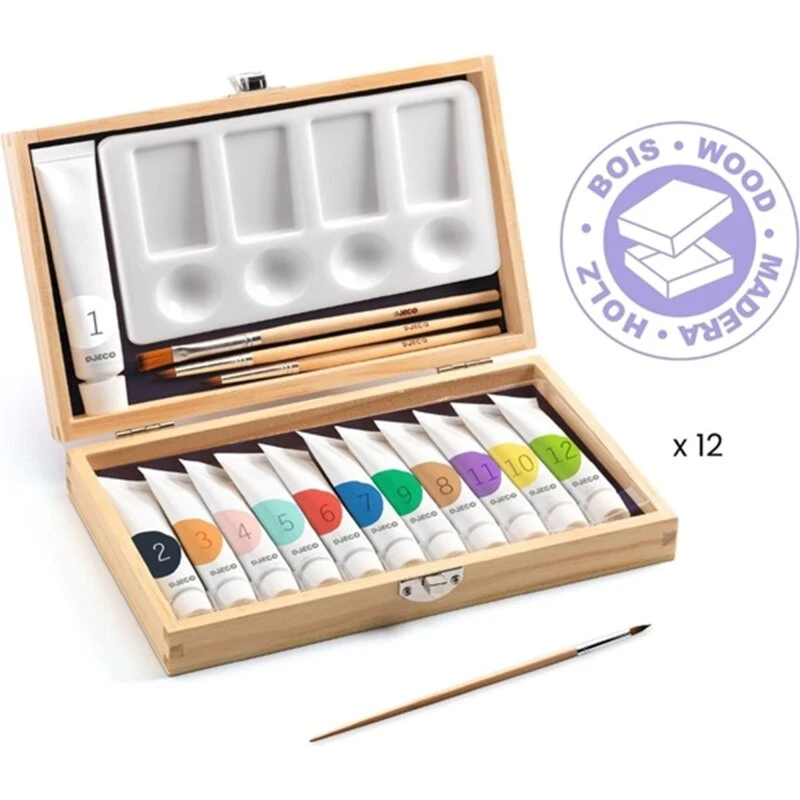 Djeco Malerkuffert 12 gouache-tuber i trækasse