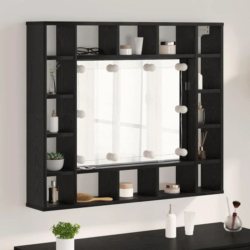vidaXL Spejlskab med hylde 91x15x76,5 cm, Sort, Konstrueret træ