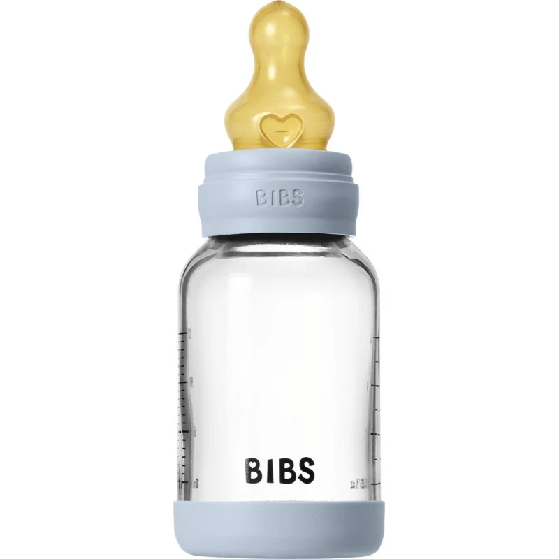 BIBS Sutteflaske i glas 120 ml – naturgummi, Baby Blue