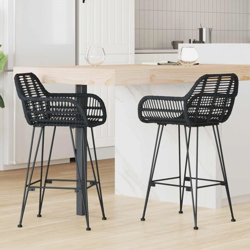 vidaXL Barstol 2 stk Sort 55 x 52 x 92 cm Rattan og Jern