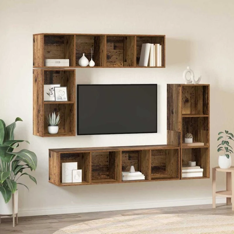 vidaXL Vægmonteret TV-møbelsæt 4 pcs Gammelt træ 37 x 37 x 142,5 cm