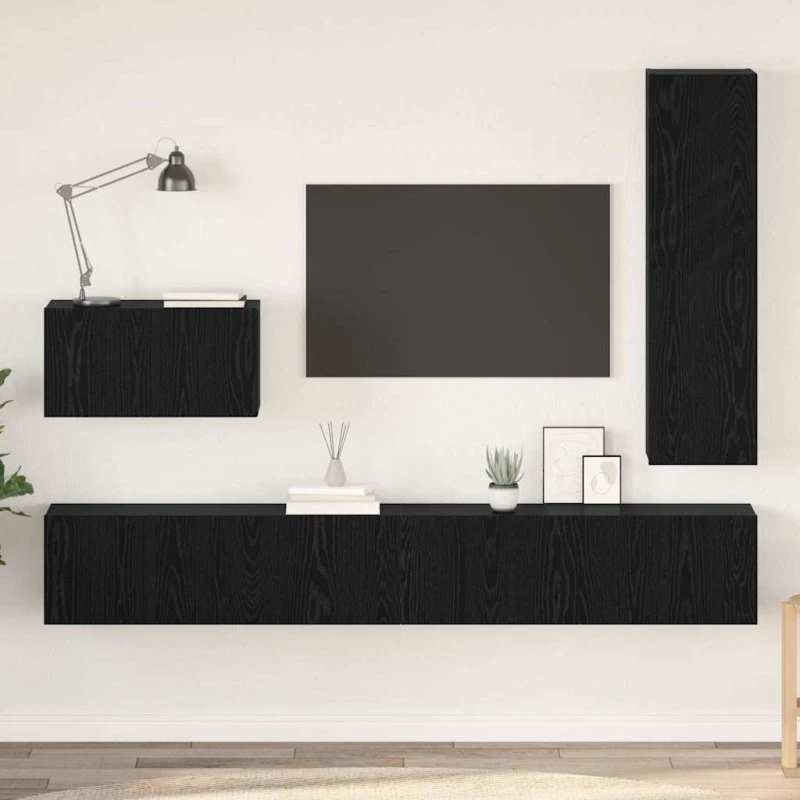 vidaXL TV-møbelsæt 4 stk, Sort eg, 200 x 30 x 30 cm, Konstrueret træ