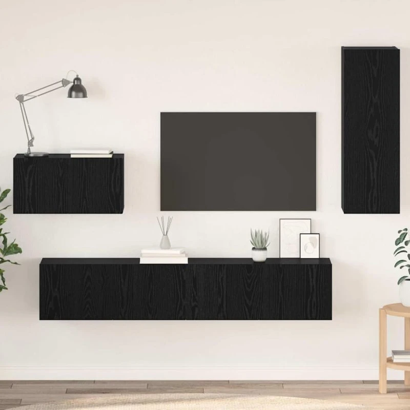 vidaXL Væg TV Skab 4 stk Sort Konstrueret Træ 200x30x30 cm