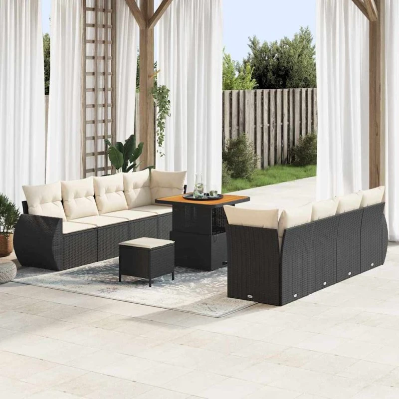 vidaXL Havesofa Sæt 11 pcs Sort polyrattan med opbevaring