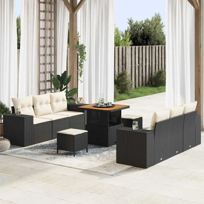 vidaXL Havesofa Sæt 9 pcs Sort Poly rattan med opbevaring