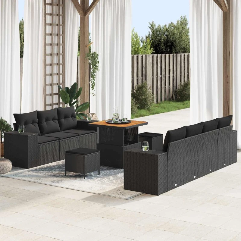 vidaXL Havesofa Sæt 10 stk Sort polyrattan