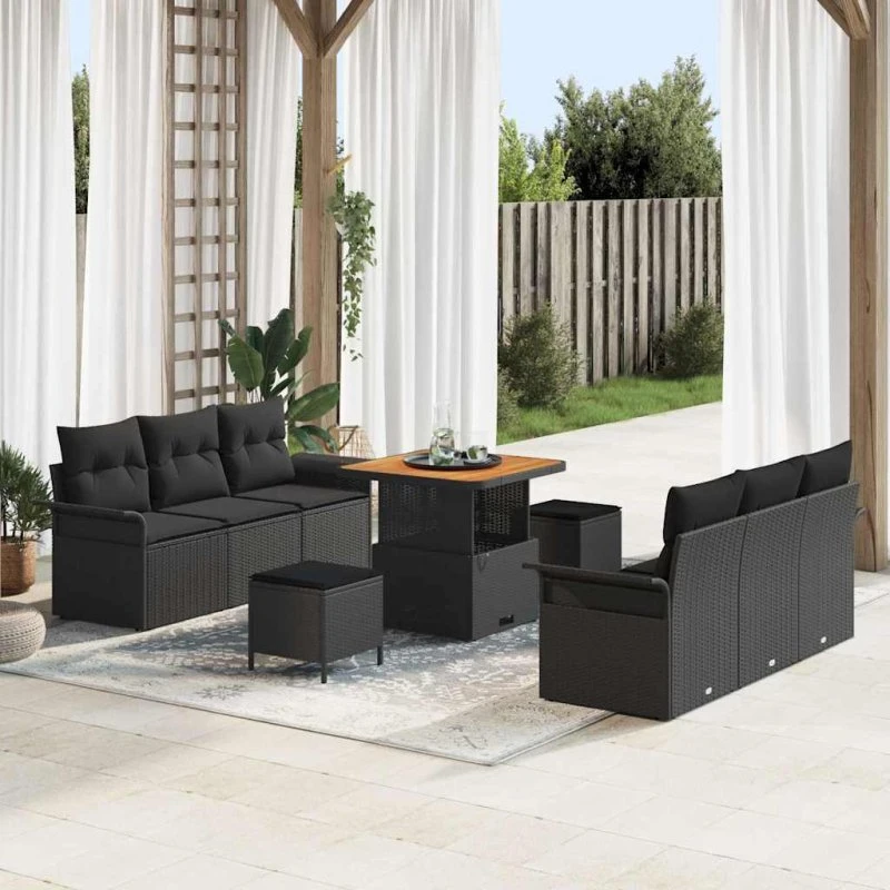 vidaXL Havesofa Sæt 9 stk Sort polyrattan
