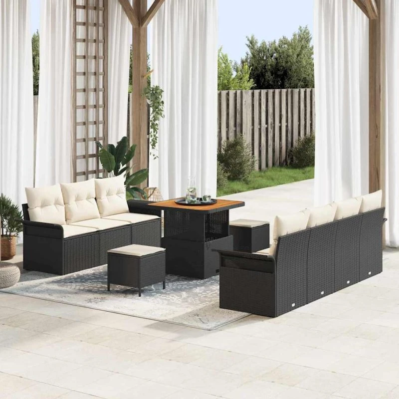 vidaXL Havesofa Sæt 10 stk Sort polyrattan