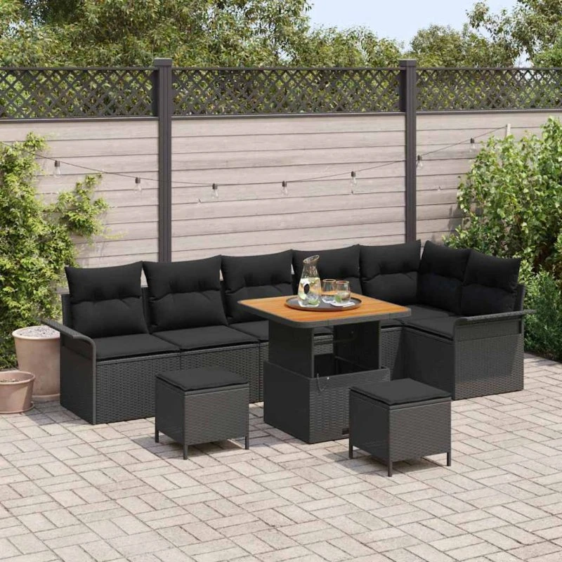 vidaXL Havesofa Sæt 9 pcs Sort polyrattan