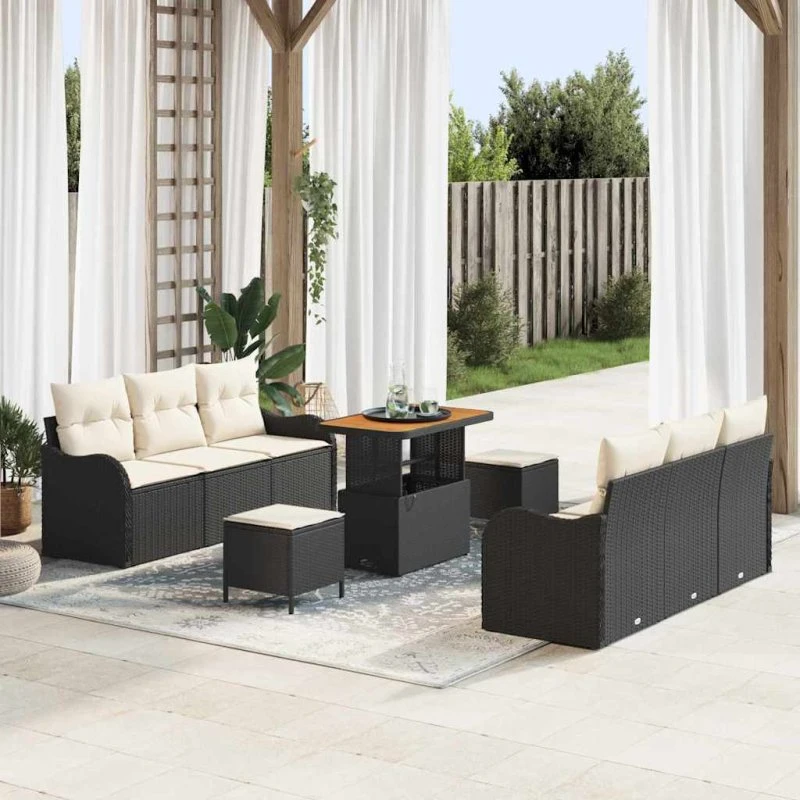 vidaXL Havesofa Sæt 9 pcs Sort polyrattan