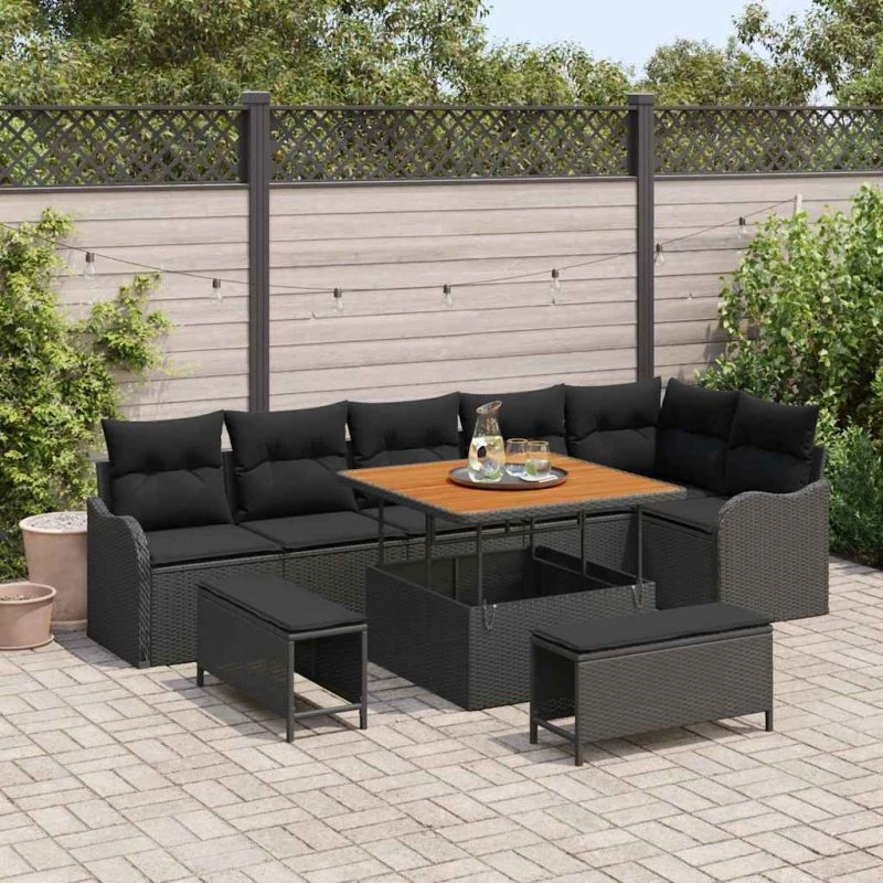 vidaXL Havesofa Sæt 9 stk Sort Poly Rattan