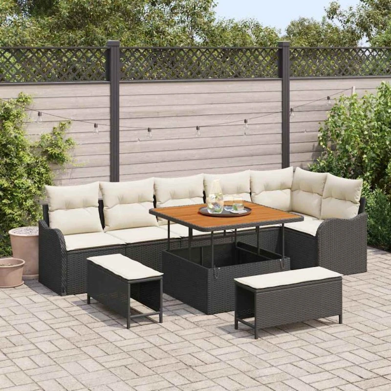 vidaXL Havesofa Sæt 9 stk Sort Poly Rattan
