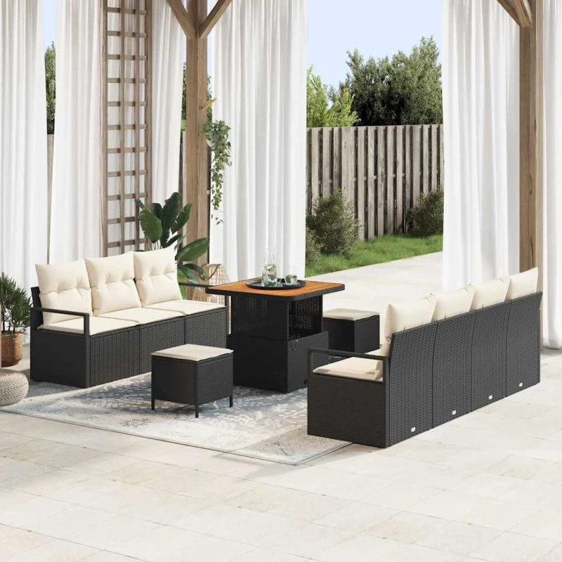 vidaXL Havesofa Sæt 10 pcs Sort Poly rattan