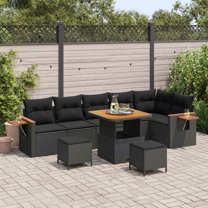 vidaXL Havesofa Sæt 9 stk Sort Poly Rattan & Stål
