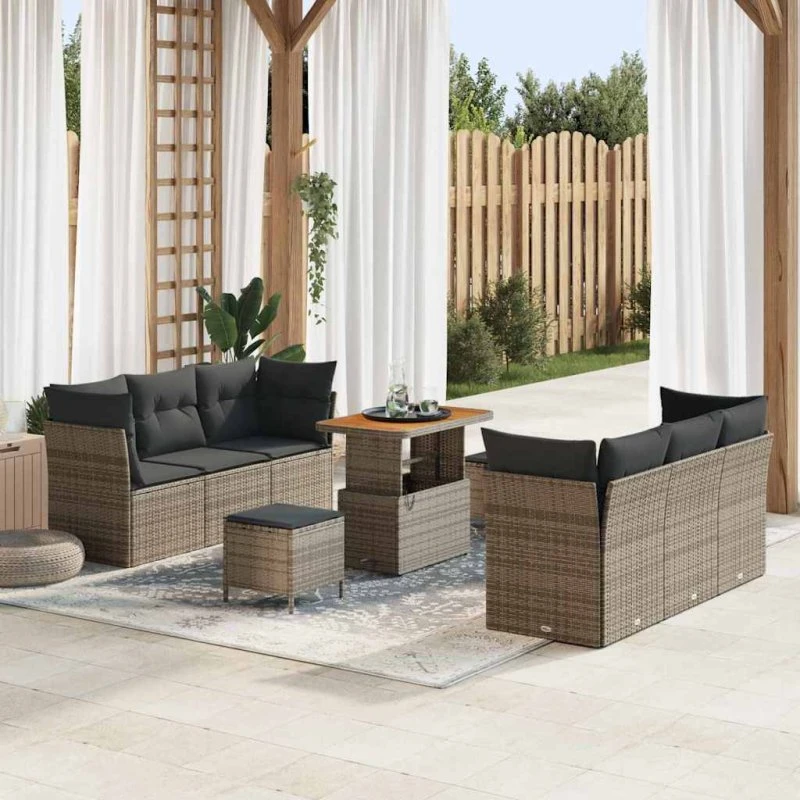 vidaXL Havesofa Sæt 9 pcs Grå Polyrattan med pulverlakeret stål