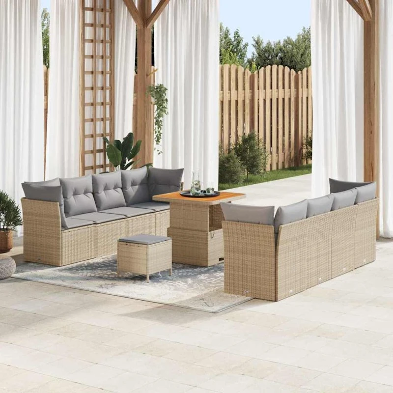 vidaXL Havesofa Sæt 11 pcs Beige og Lys Grå med Pude og Opbevaring