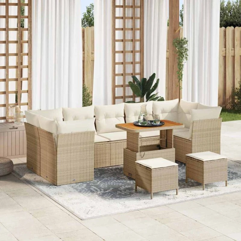 vidaXL Havesofa Sæt 10 stk beige/creme med polyrattan og akacietræ