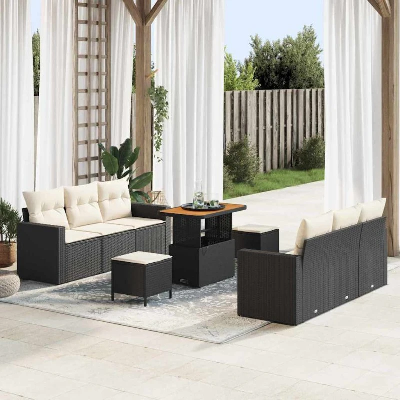 vidaXL Havesofa Sæt 9 pcs med Pude og Opbevaring, Sort/Creme