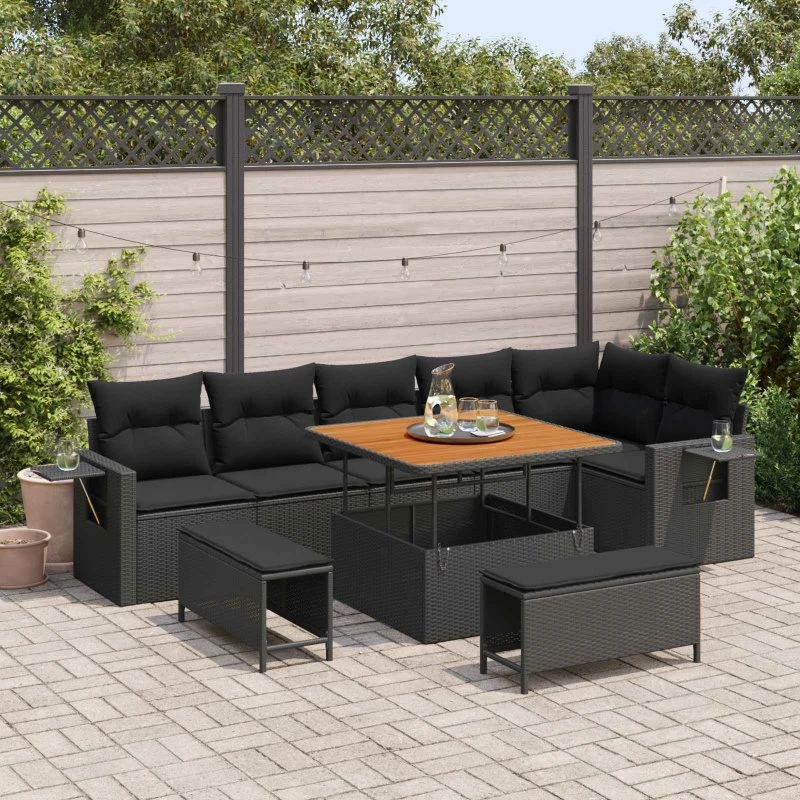 vidaXL Havesofa Sæt 11 pcs Sort Poly rattan med opbevaring