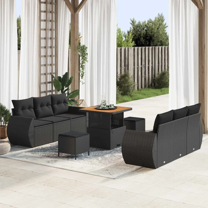 vidaXL Havesofa Sæt 9 stk Sort Polyrattan med opbevaring