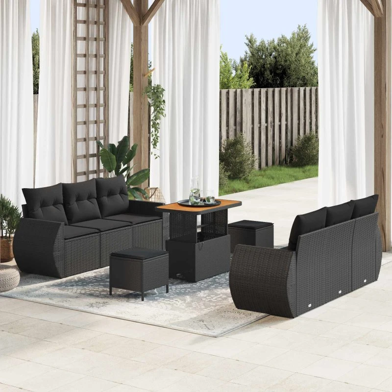 vidaXL Havesofa Sæt 9 stk Sort Polyrattan med opbevaring