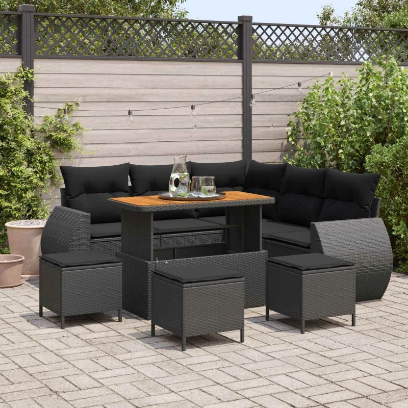 vidaXL Havesofa Sæt 9 pcs Sort polyrattan med opbevaring