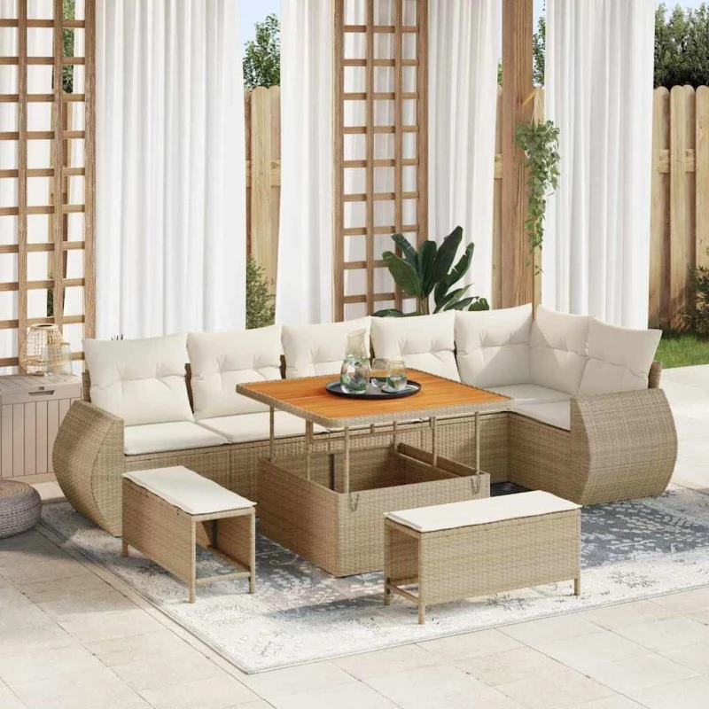 vidaXL Havesofa Sæt 9 stk beige/creme med opbevaring