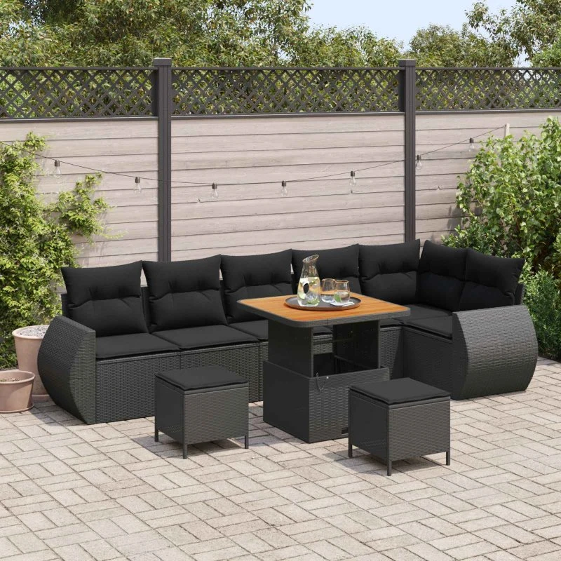 vidaXL Havesofa Sæt 9 pcs Sort Poly Rattan med Opbevaring