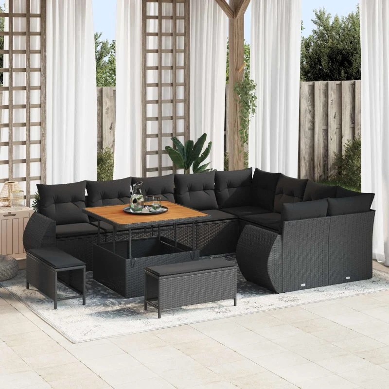 vidaXL Havesofa Sæt 12 stk Sort Polyrattan & Stål