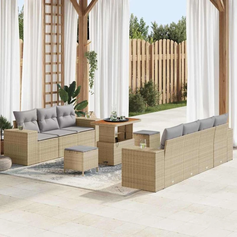 vidaXL Havesofa Sæt 10 pcs Beige/Lys Grå Poly Rattan