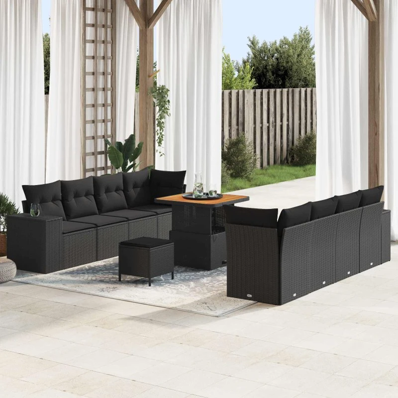 vidaXL Havesofa Sæt 11 pcs Sort Polyrattan med opbevaring