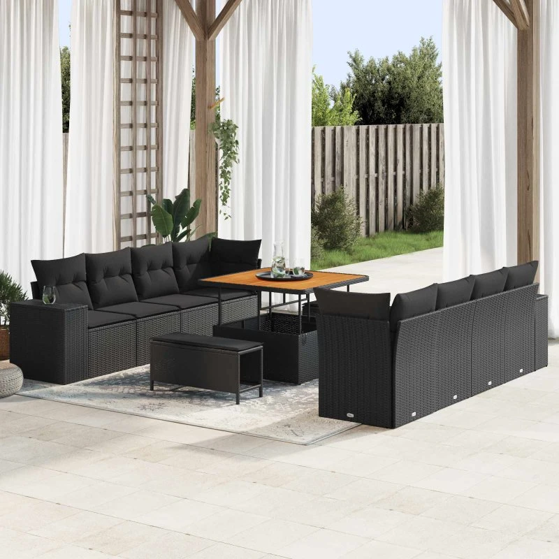 vidaXL Havesofa Sæt 11 pcs Sort PolyRattan med Opbevaring