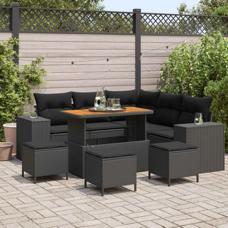 vidaXL Havesofa Sæt 9 pc Sort polyrattan med opbevaring