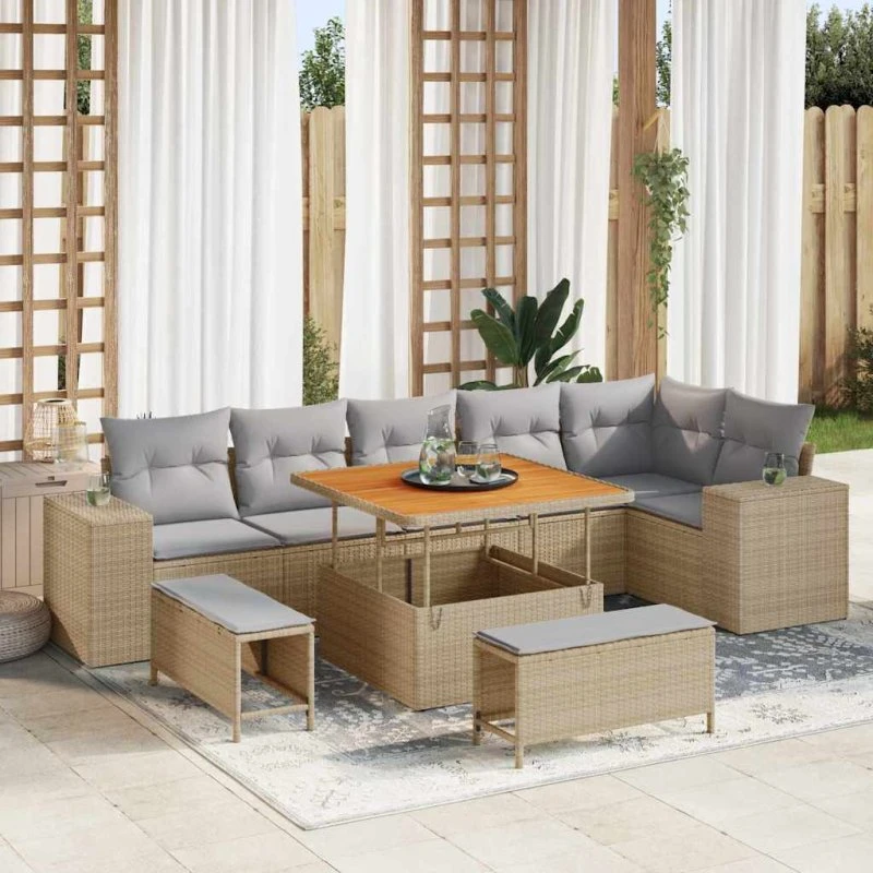vidaXL Havesofa Sæt 9 pcs Beige/Lys Grå Poly Rattan