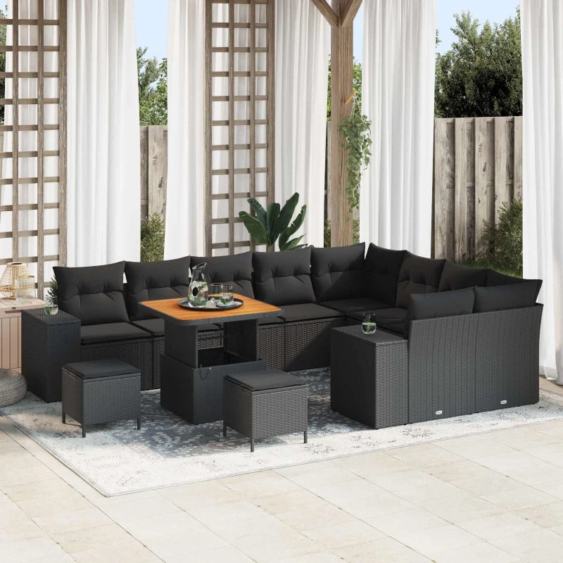 vidaXL Havesofa Sæt 12 stk Sort Polyrattan, Stål og Akacietræ