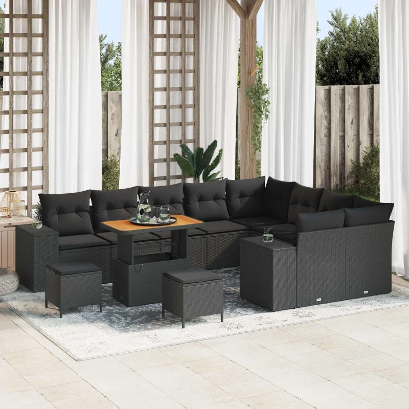 vidaXL Havesofa Sæt 12 stk Sort Polyrattan, Stål og Akacietræ