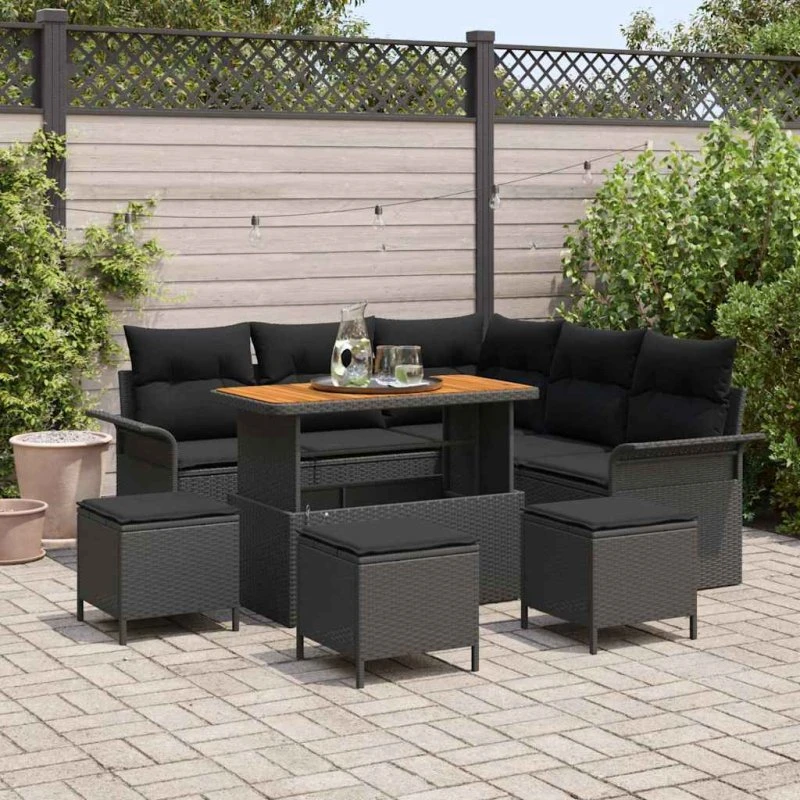 vidaXL Havesofa Sæt 9 pc Sort Polyrattan, Stål og Akacietræ