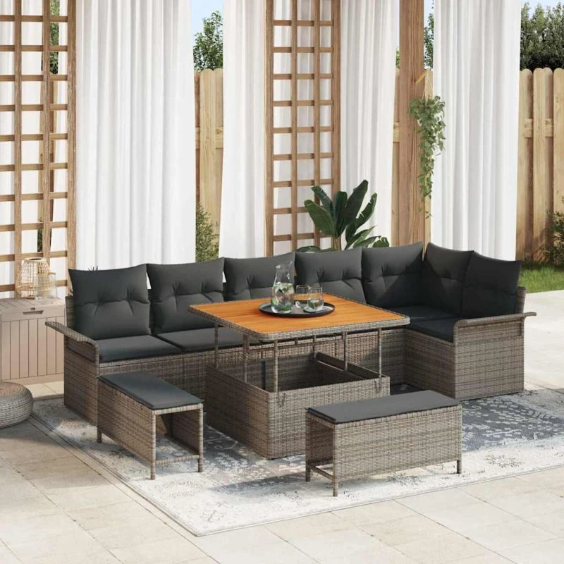 vidaXL Havesofa Sæt 9 stk Grå Poly Rattan, Stål og Akacietræ