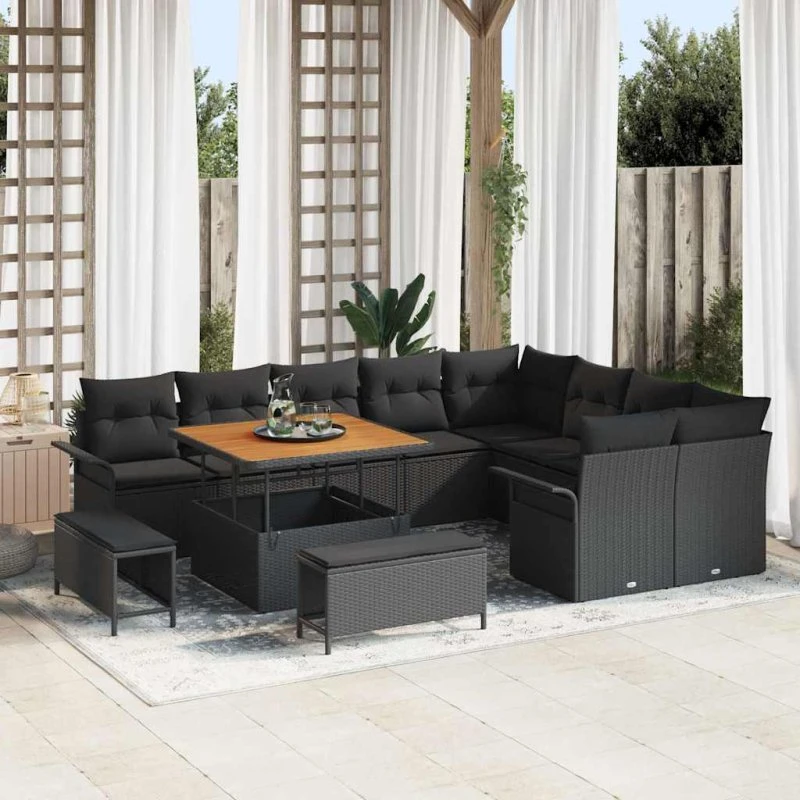 vidaXL Havesofa Sæt 12 stk Sort Polyrattan, Stål & Akacietræ