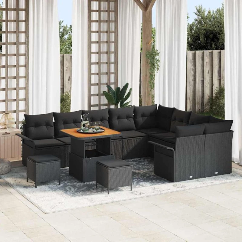 vidaXL Havesofa Sæt 12 stk Sort Polyrattan, Stål og Akacietræ