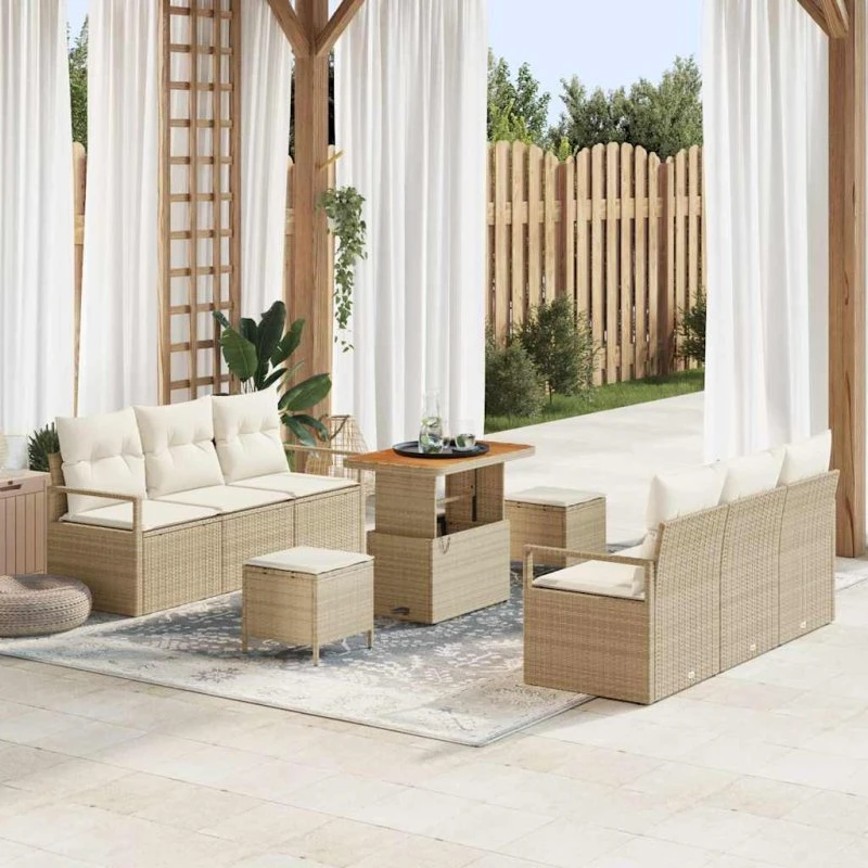 vidaXL Havesofa Sæt 9 pc Beige Poly Rattan med Opbevaring