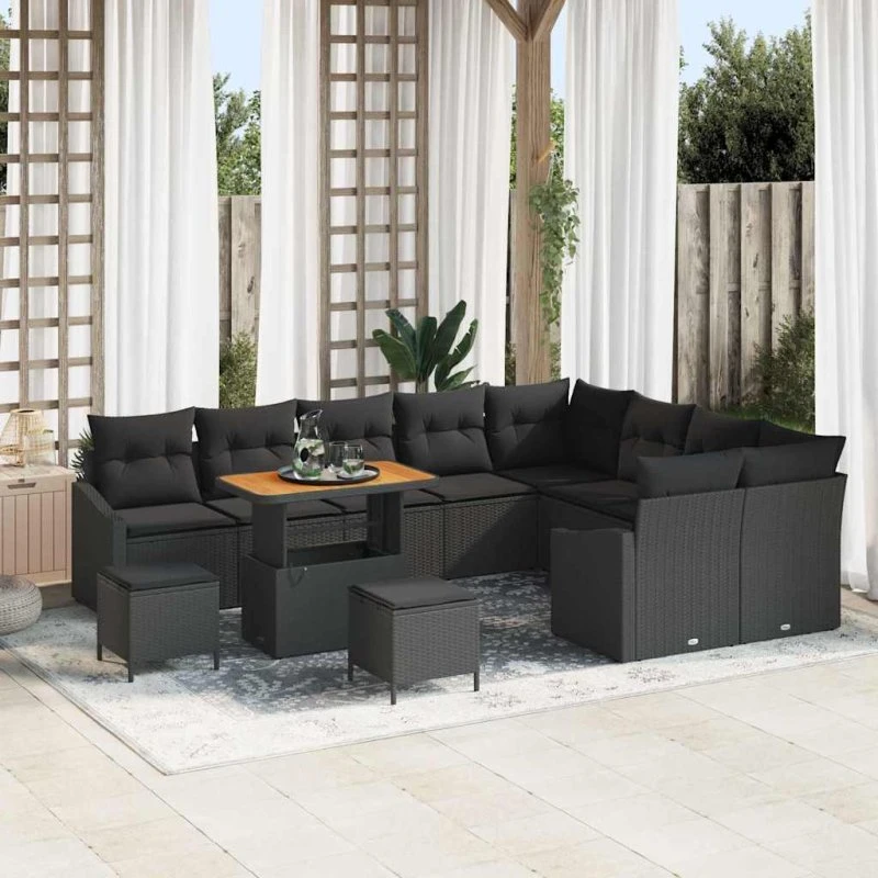 vidaXL Havesofa Sæt 12 stk Sort Poly rattan med opbevaring